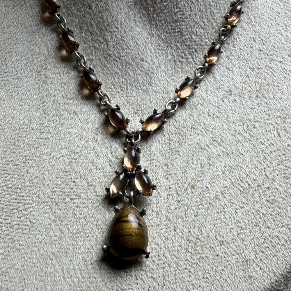 Statement Necklace Brown Glass Marquise Stones Tiger Eye Style Drop EB#1